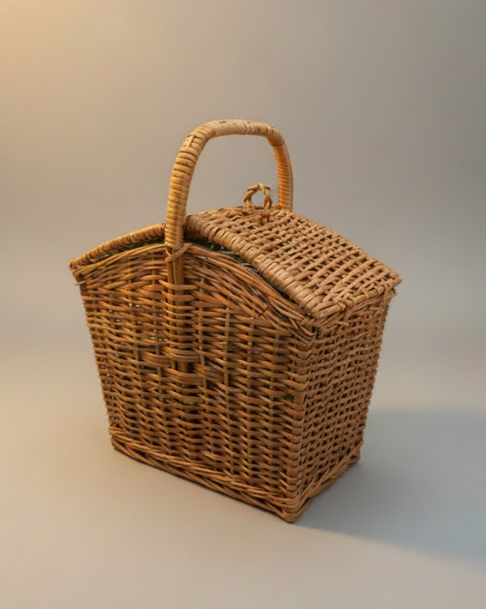 Wicker picnic basket with a lid on a marble floor.