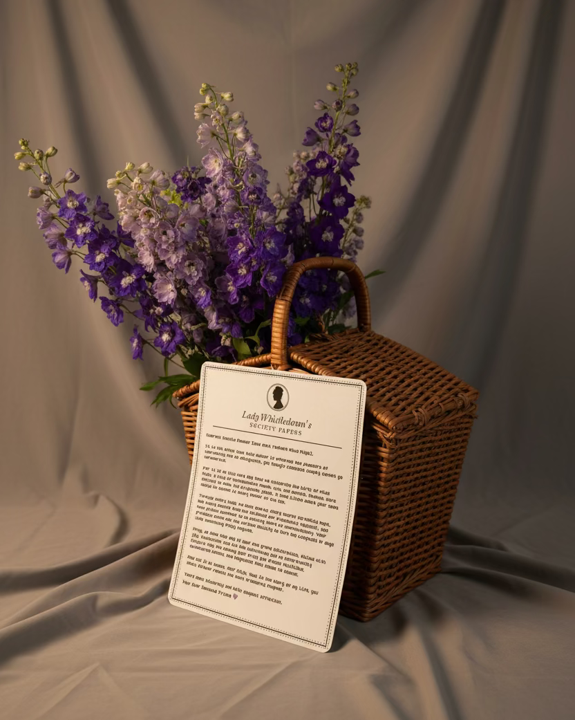 Woven basket with a card on a textured surface