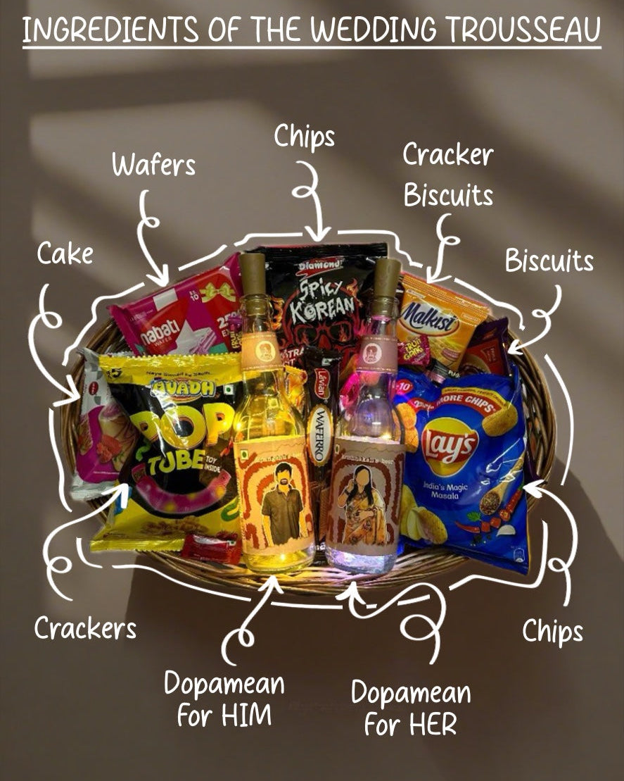Handcrafted cane basket filled with assorted snacks like chips, chocolates, and cakes, making the perfect addition to the Wedding Trousseau - DopaMean gift set for newlyweds