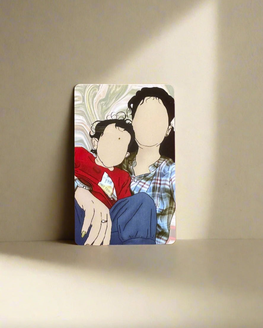 Custom-made wallet card featuring a personalized illustration and embedded Spotify code, crafted from durable PVC for a sleek, stylish design.