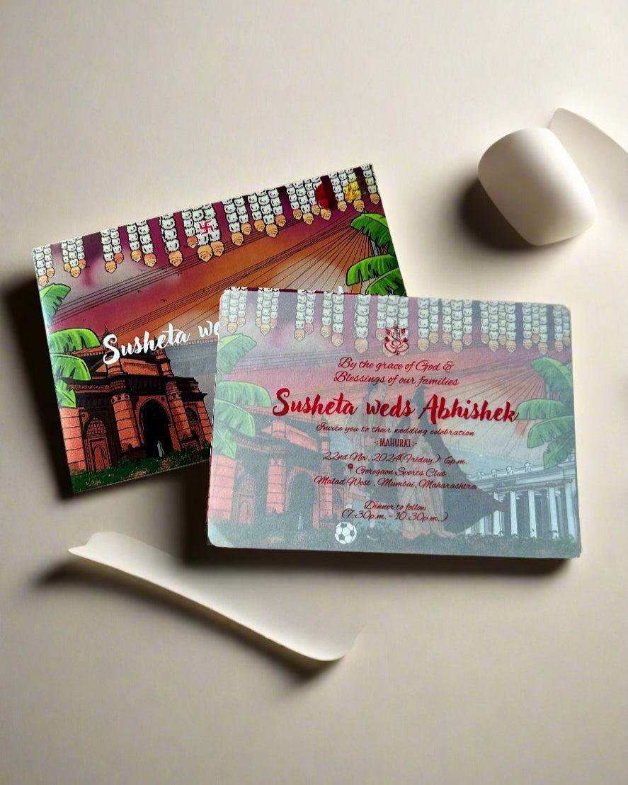Exquisite physical wedding card featuring custom illustration, perfect as a keepsake or to send to loved ones for a tangible reminder of your special day.
