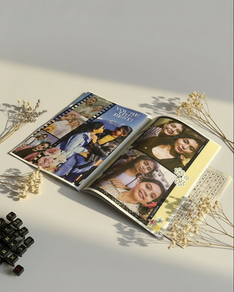 Open photo album with images of people on a speckled surface