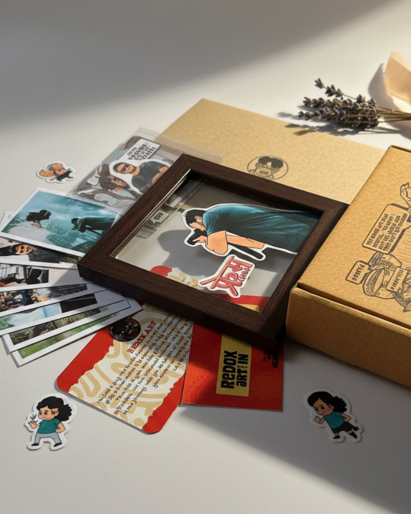 Illustrated frame, Collection of cards and a small box on a textured surface